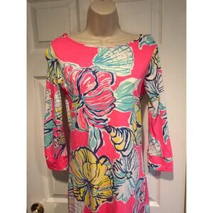 Lilly Pulitzer Dress Women Small Pink Floral Pima Cotton 3/4 Sleeve Boat Neck